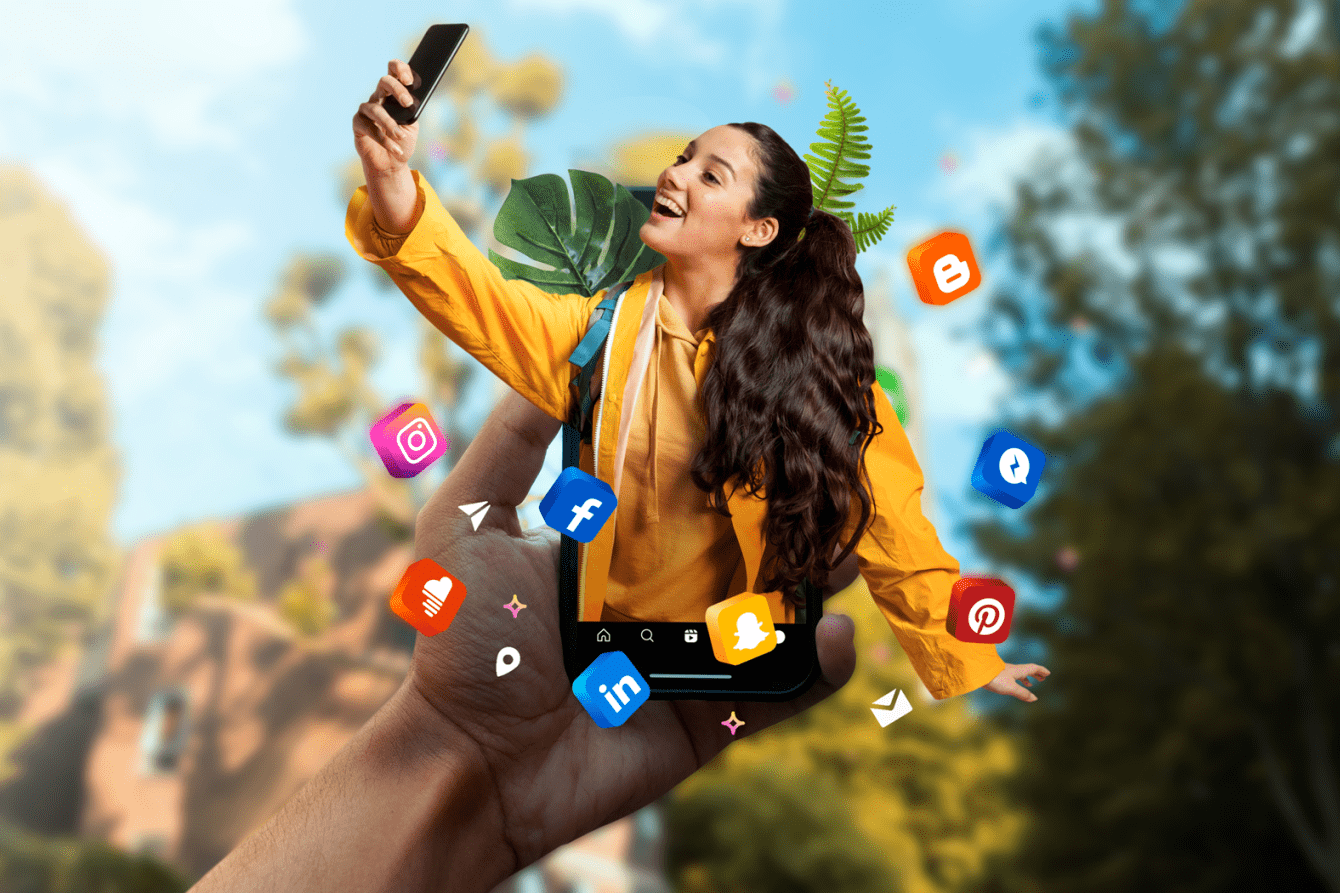 Girl in yellow-orange jacket popping out of a phone with social media icons